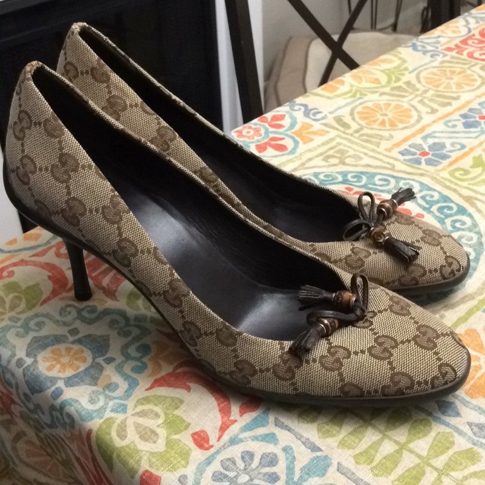 Designer Beige Monogram Pump with Tassel Accent
